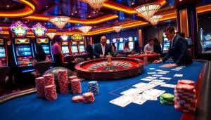 Excited players engaging at Bin88 casino's luxurious poker table with vibrant lighting.