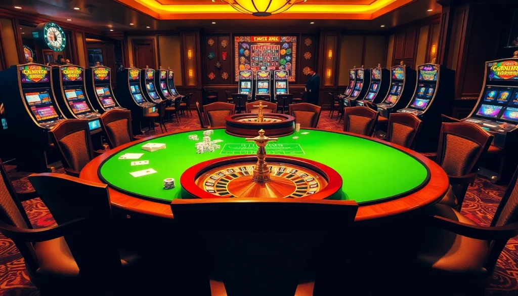 Engage with the excitement of gambling at https://c168.io/ showcasing a luxurious casino atmosphere filled with vibrant gaming elements.