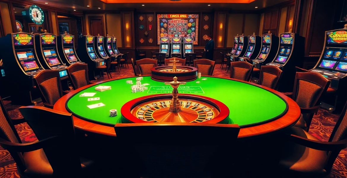 Engage with the excitement of gambling at https://c168.io/ showcasing a luxurious casino atmosphere filled with vibrant gaming elements.