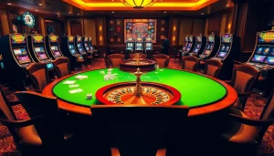 Engage with the excitement of gambling at https://c168.io/ showcasing a luxurious casino atmosphere filled with vibrant gaming elements.