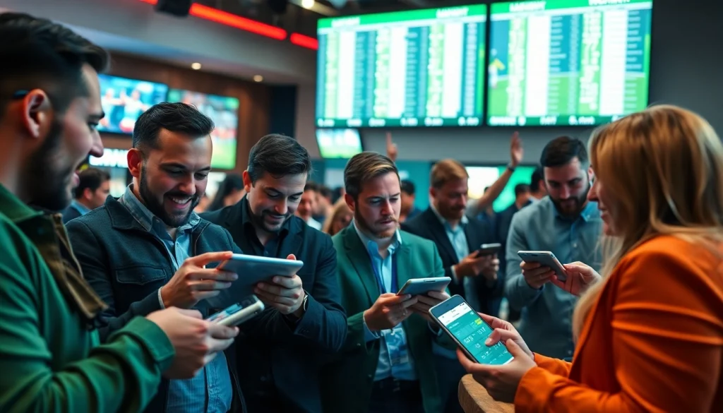 Engaged bettors discuss sports betting sites Georgia in a lively sports bar atmosphere.