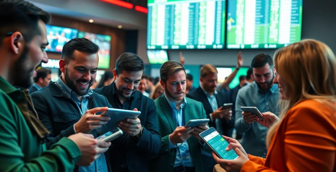 Engaged bettors discuss sports betting sites Georgia in a lively sports bar atmosphere.