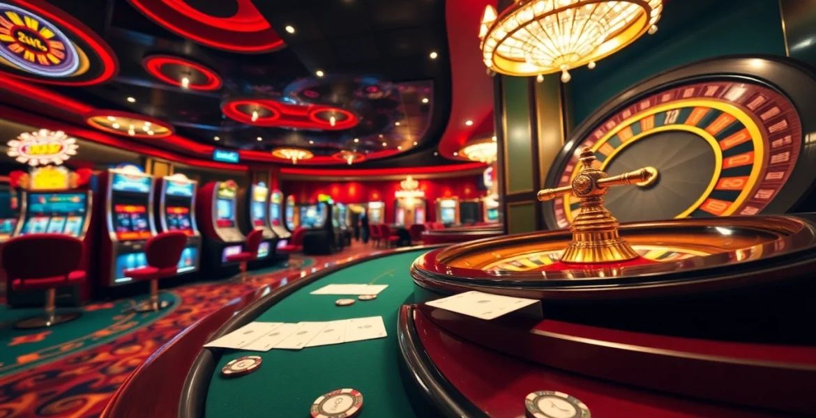 Exciting gaming experience at OK365 casino with vibrant tables and classic roulette wheel.