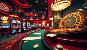 Exciting gaming experience at OK365 casino with vibrant tables and classic roulette wheel.