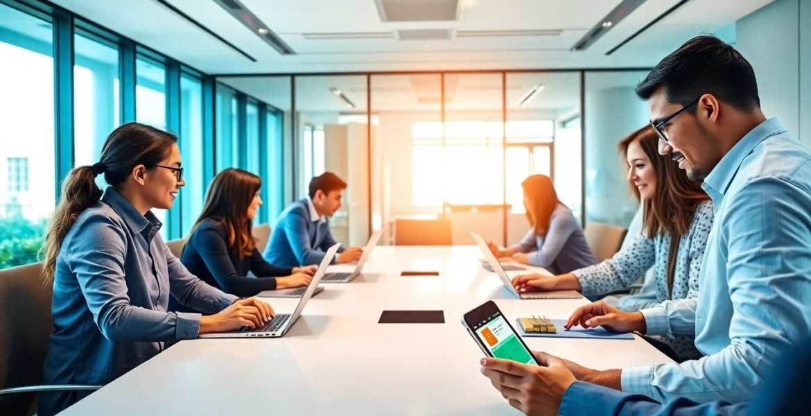 Dynamic team collaborating using WPS办公 software in a modern office