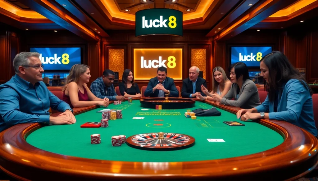Experience diverse gaming excitement at luck8 casino with players at an elegant gambling table.