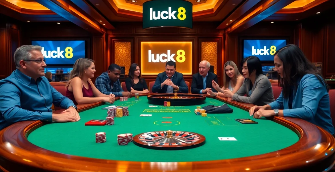 Experience diverse gaming excitement at luck8 casino with players at an elegant gambling table.