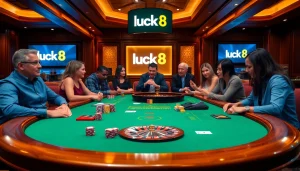 Experience diverse gaming excitement at luck8 casino with players at an elegant gambling table.
