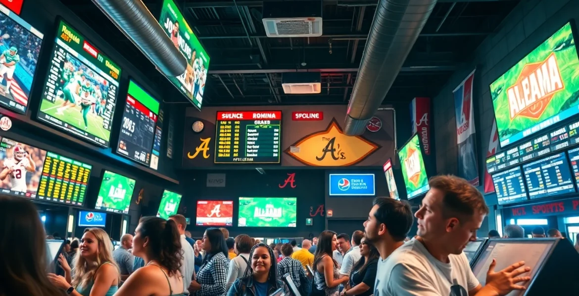 Engaging atmosphere at sports betting sites Alabama with fans placing bets in a lively sportsbook.