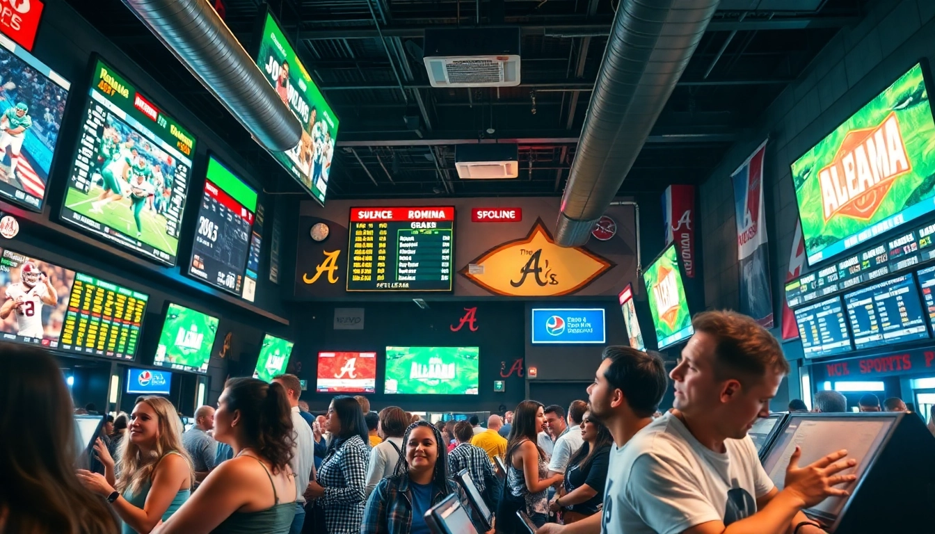Engaging atmosphere at sports betting sites Alabama with fans placing bets in a lively sportsbook.