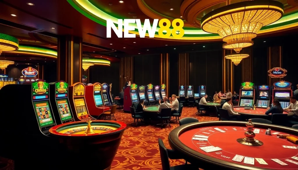 Experience thrilling gameplay with NEW88 at a luxurious casino featuring slots and poker tables.