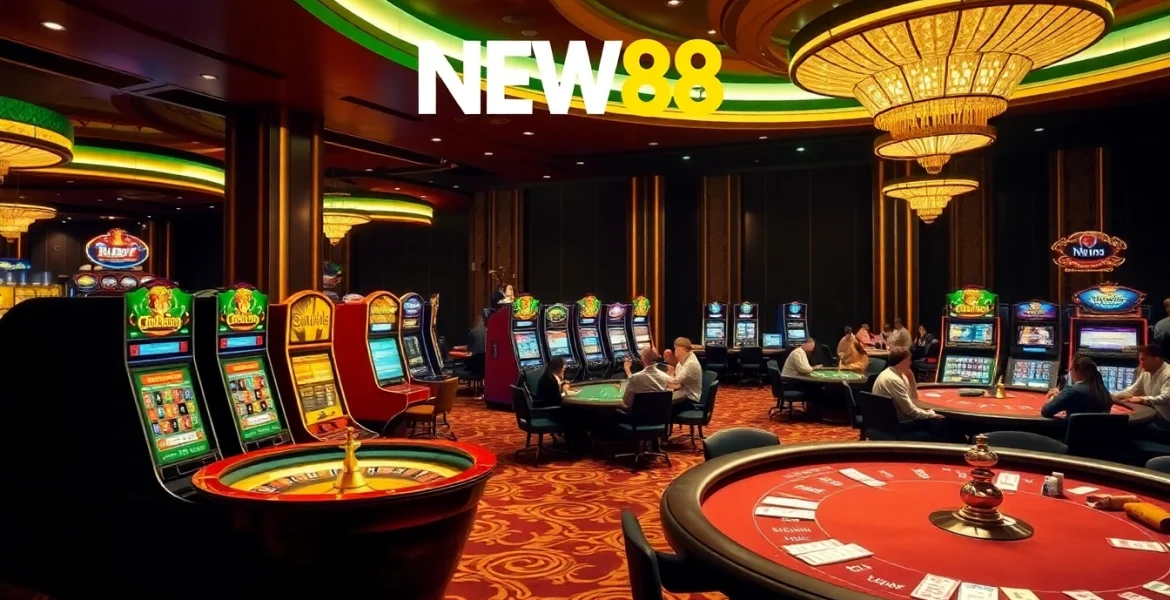Experience thrilling gameplay with NEW88 at a luxurious casino featuring slots and poker tables.