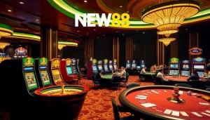 Experience thrilling gameplay with NEW88 at a luxurious casino featuring slots and poker tables.