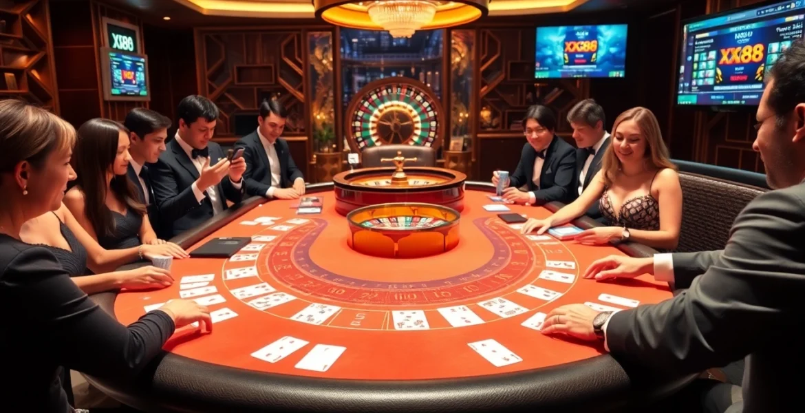 Experience thrilling baccarat action at XX88 casino with luxurious tables and eager players.