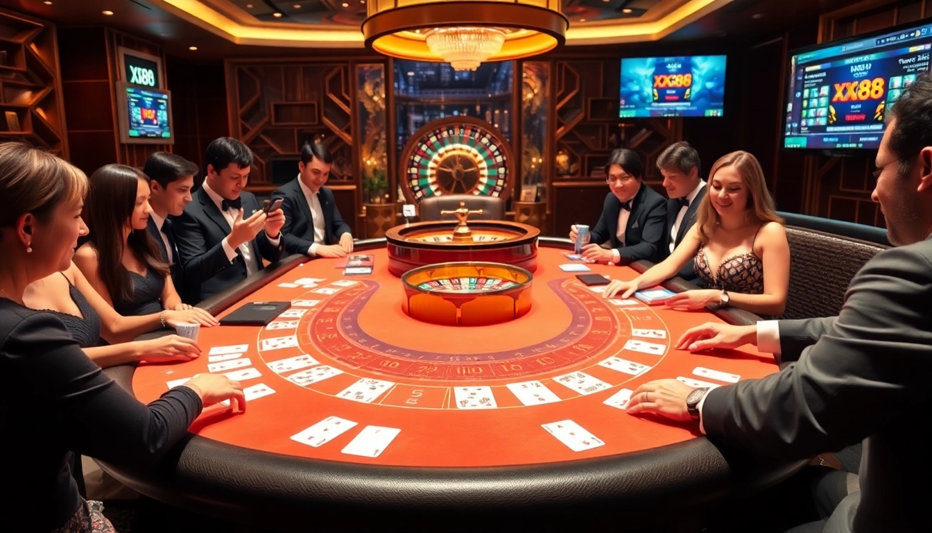 Experience thrilling baccarat action at XX88 casino with luxurious tables and eager players.