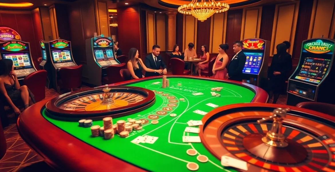 Exciting casino gaming scene at https://xx88.pizza/ featuring poker chips, a roulette wheel, and dynamic slot machines.