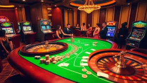 Exciting casino gaming scene at https://xx88.pizza/ featuring poker chips, a roulette wheel, and dynamic slot machines.