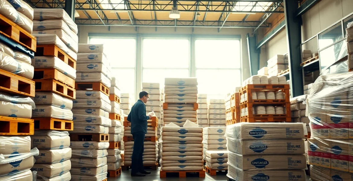 Showcase of a sweetener supplier warehouse with various sweeteners in an organized setting, highlighting product quality inspection.