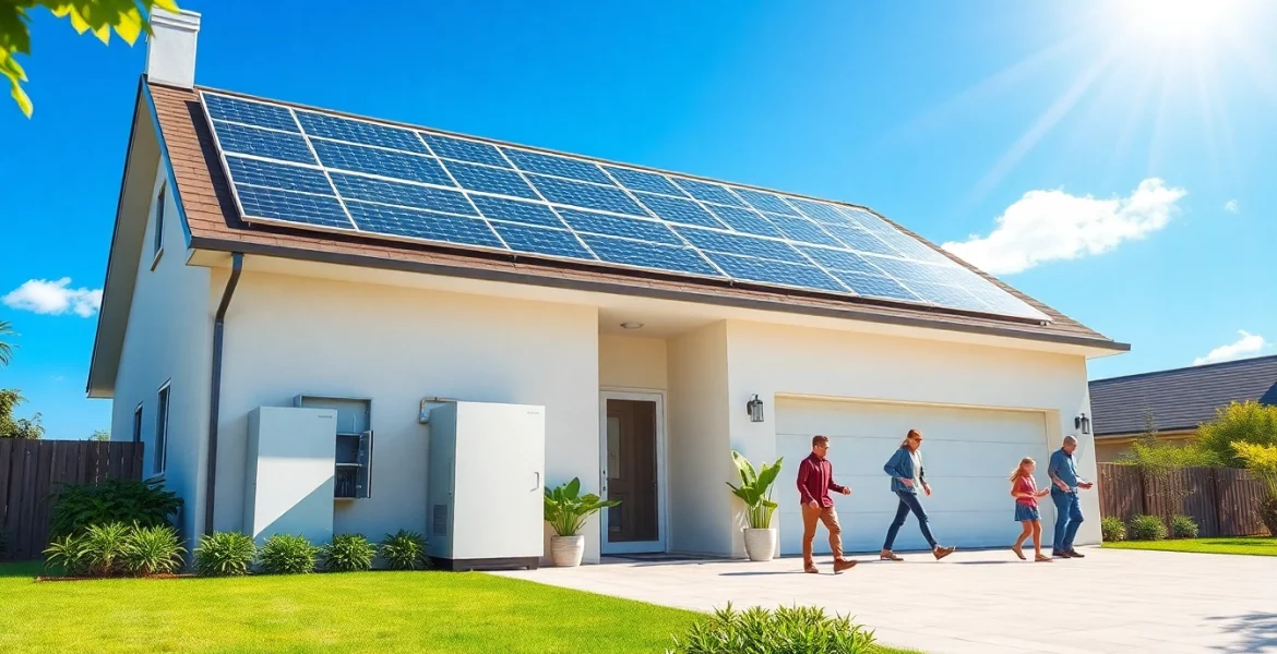 10kw hybrid solar system installed on a modern home, showcasing sustainable energy technology and outdoor family activities.