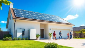 10kw hybrid solar system installed on a modern home, showcasing sustainable energy technology and outdoor family activities.