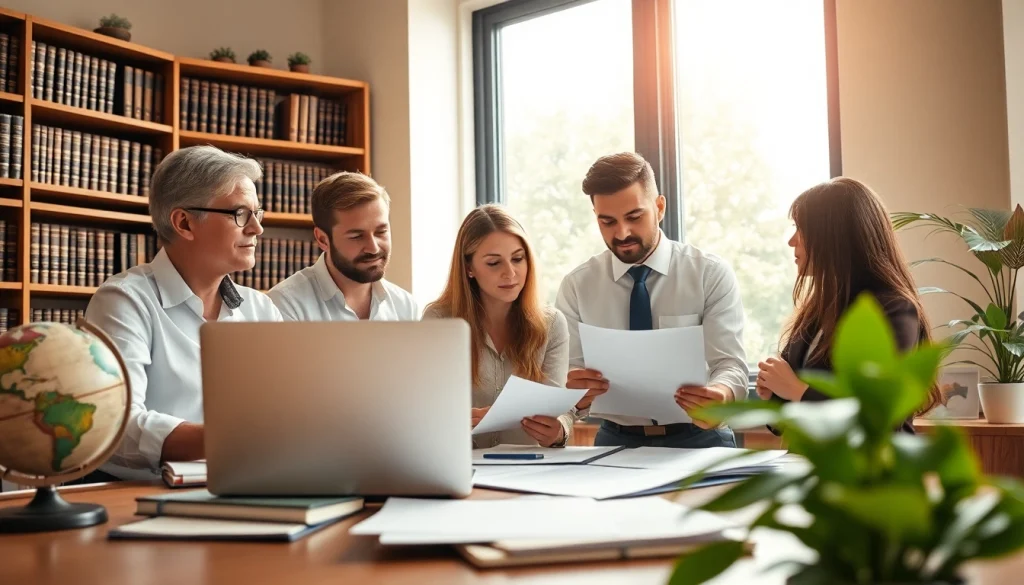 Environmental law firm professionals collaborating on sustainable legal solutions in a bright office.
