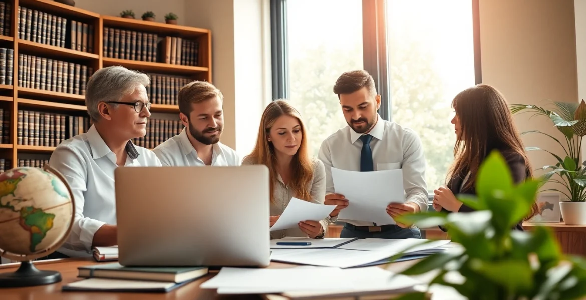 Environmental law firm professionals collaborating on sustainable legal solutions in a bright office.