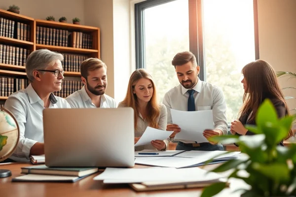 Environmental law firm professionals collaborating on sustainable legal solutions in a bright office.
