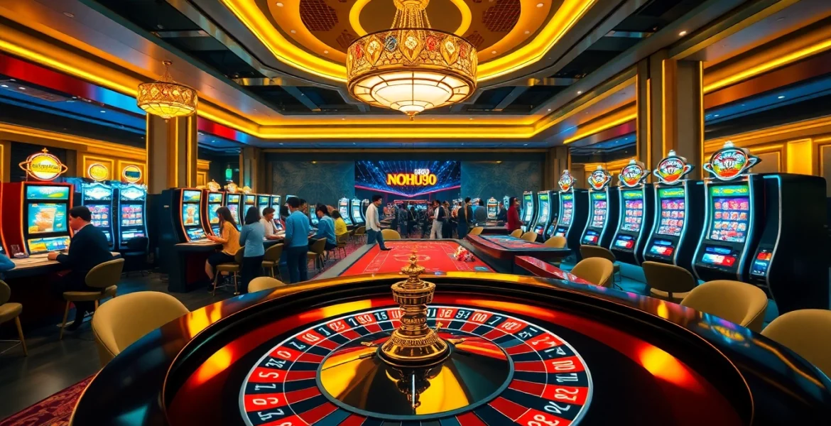 Experience thrilling games at NOHU90, featuring an exciting roulette wheel and vibrant slot machines.