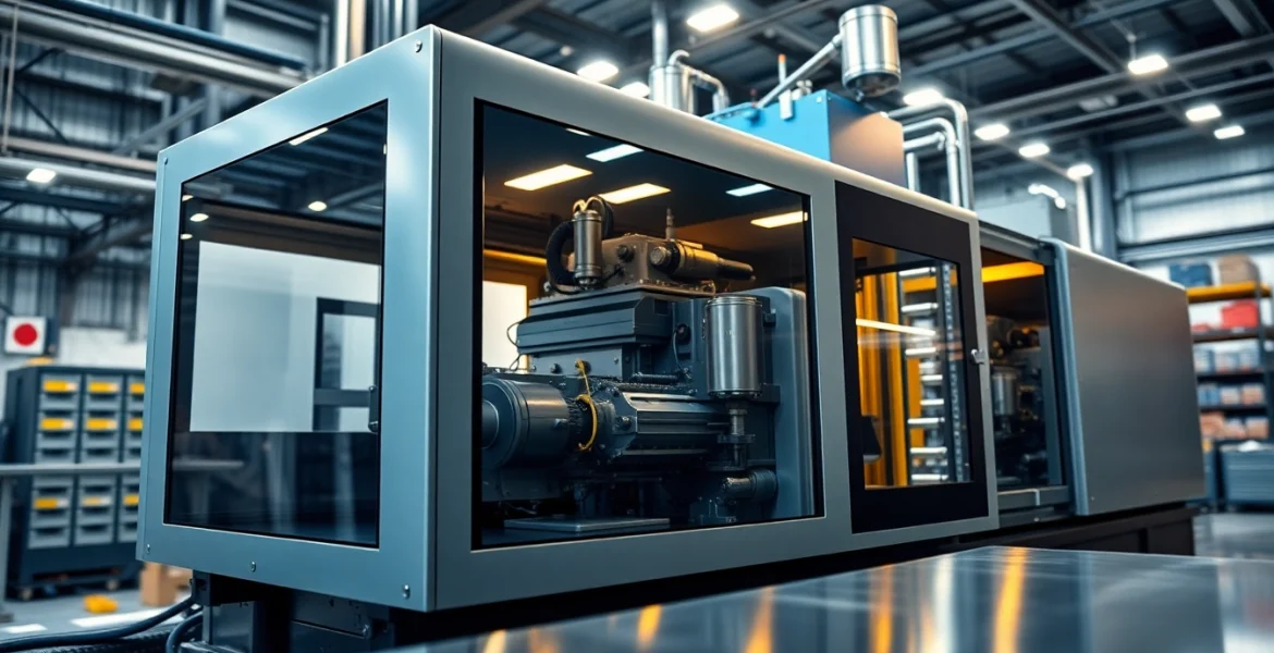 High-tech plastic injection molding machine demonstrating precision and efficiency in an industrial setting.