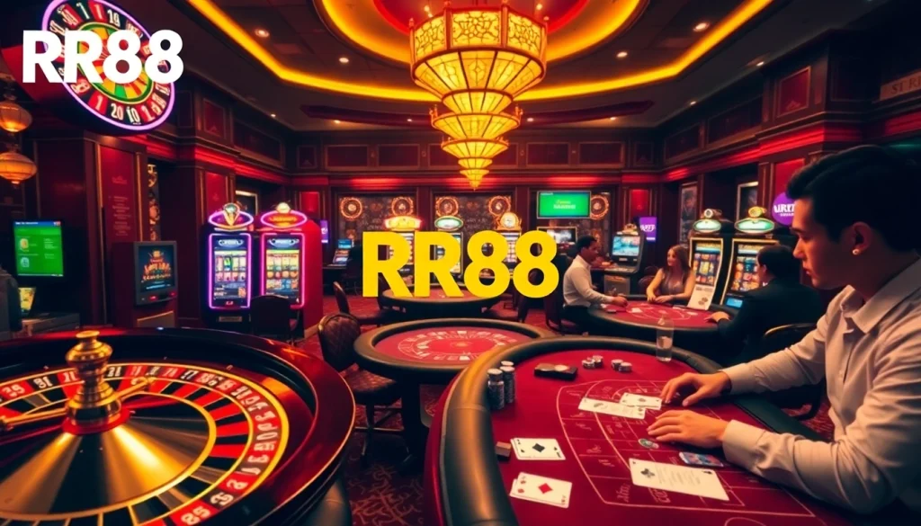 Engaging atmosphere at RR88 casino with players at roulette and poker tables.