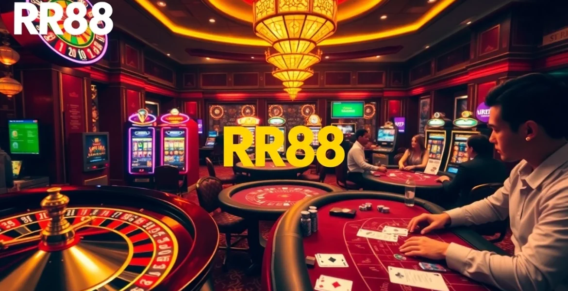 Engaging atmosphere at RR88 casino with players at roulette and poker tables.