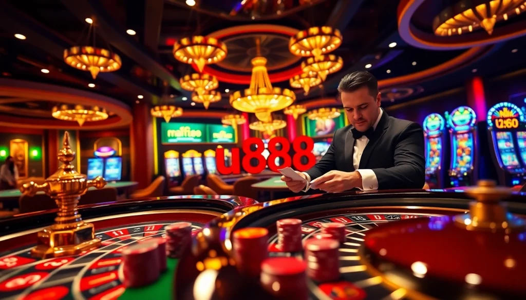 Vibrant casino scene at nhà cái u888 featuring roulette and poker games.