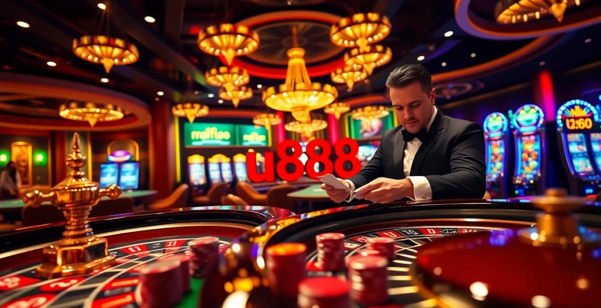 Vibrant casino scene at nhà cái u888 featuring roulette and poker games.