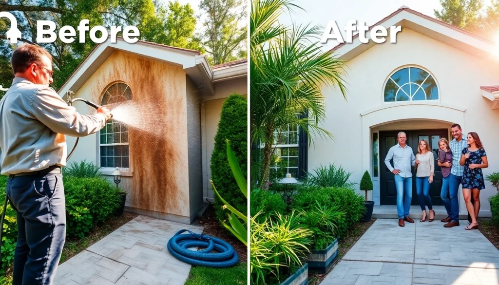 Soft wash technique transforming a Kissimmee home's exterior, showcasing professional pressure washing.
