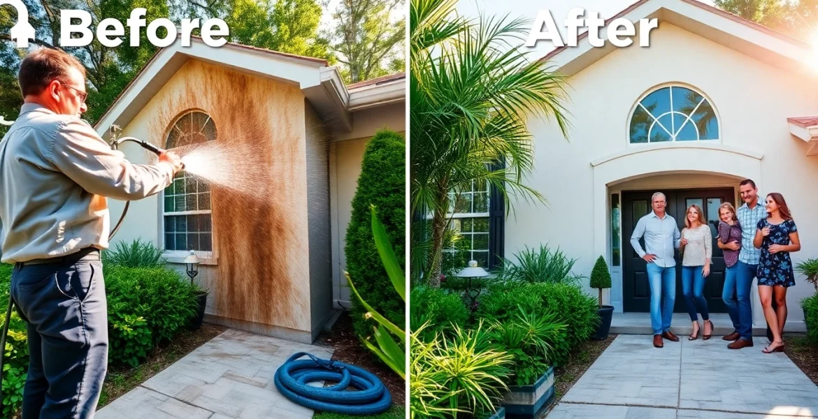 Soft wash technique transforming a Kissimmee home's exterior, showcasing professional pressure washing.