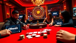 Experience intense gameplay at the Okwin online casino, featuring vibrant tables and professional ambiance.