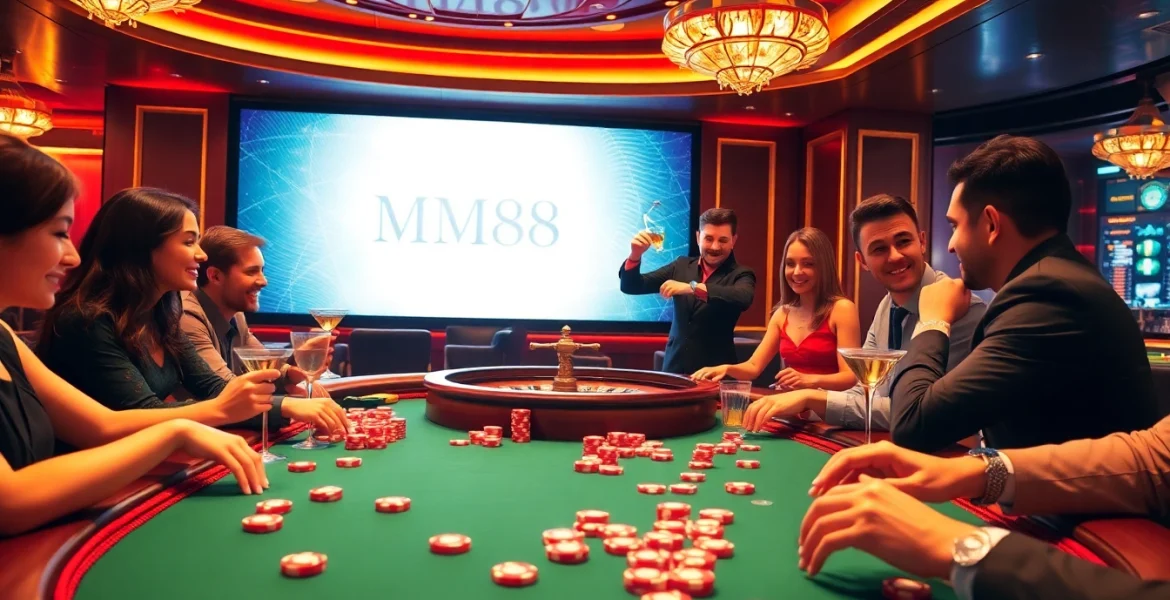 Engage in thrilling casino gaming at MM88 with vibrant poker and roulette scenes.