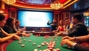 Engage in thrilling casino gaming at MM88 with vibrant poker and roulette scenes.