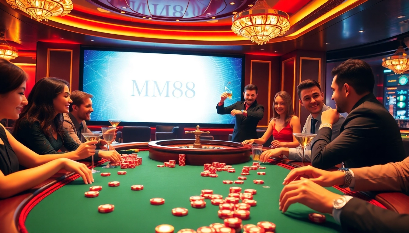 Engage in thrilling casino gaming at MM88 with vibrant poker and roulette scenes.