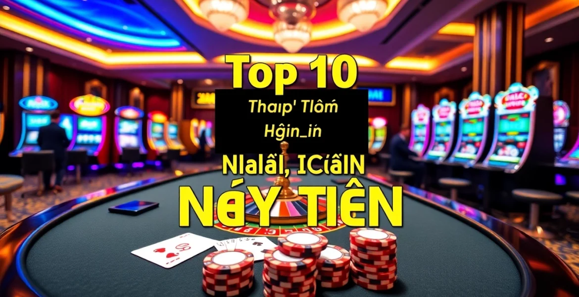Top 10 Nhà Cái Uy Tín showcasing a vibrant casino atmosphere with roulette and poker tables.