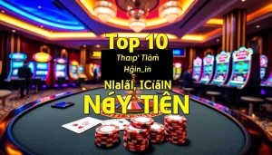 Top 10 Nhà Cái Uy Tín showcasing a vibrant casino atmosphere with roulette and poker tables.