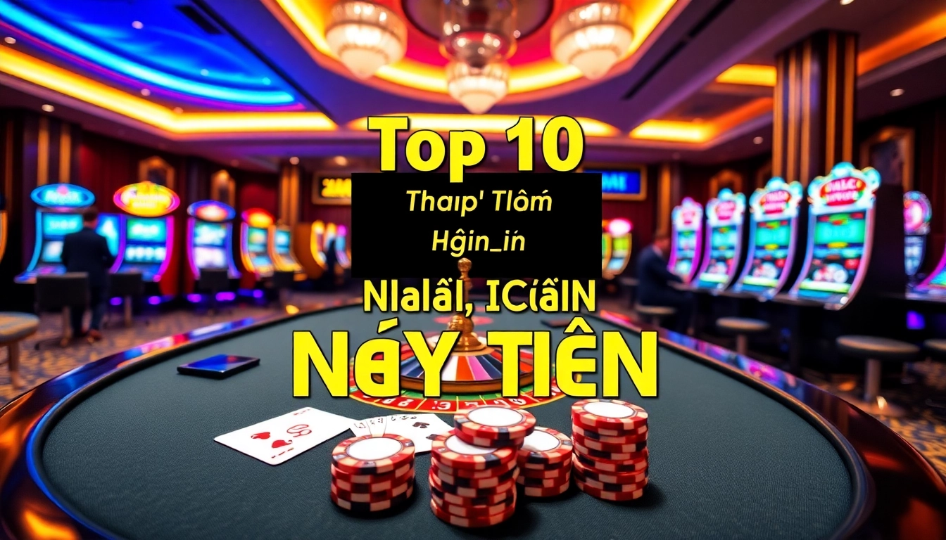 Top 10 Nhà Cái Uy Tín showcasing a vibrant casino atmosphere with roulette and poker tables.