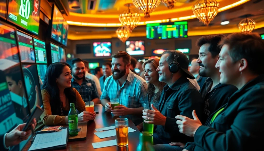 Engaged conversation about sports betting sites Oklahoma in a lively sportsbook setting.