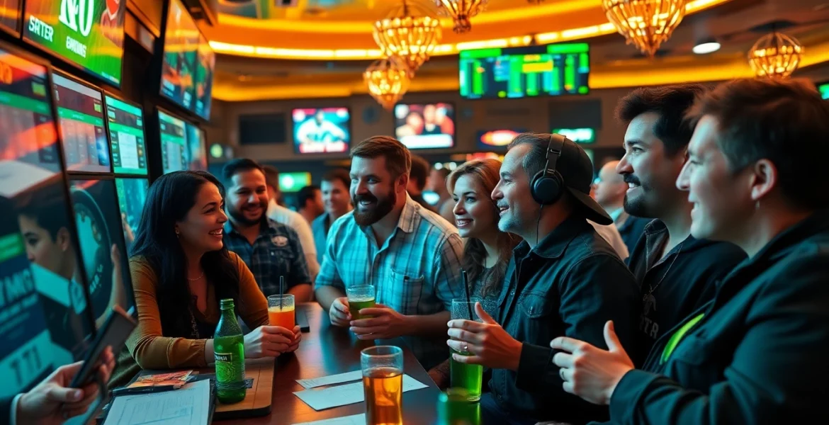 Engaged conversation about sports betting sites Oklahoma in a lively sportsbook setting.