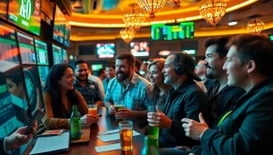 Engaged conversation about sports betting sites Oklahoma in a lively sportsbook setting.