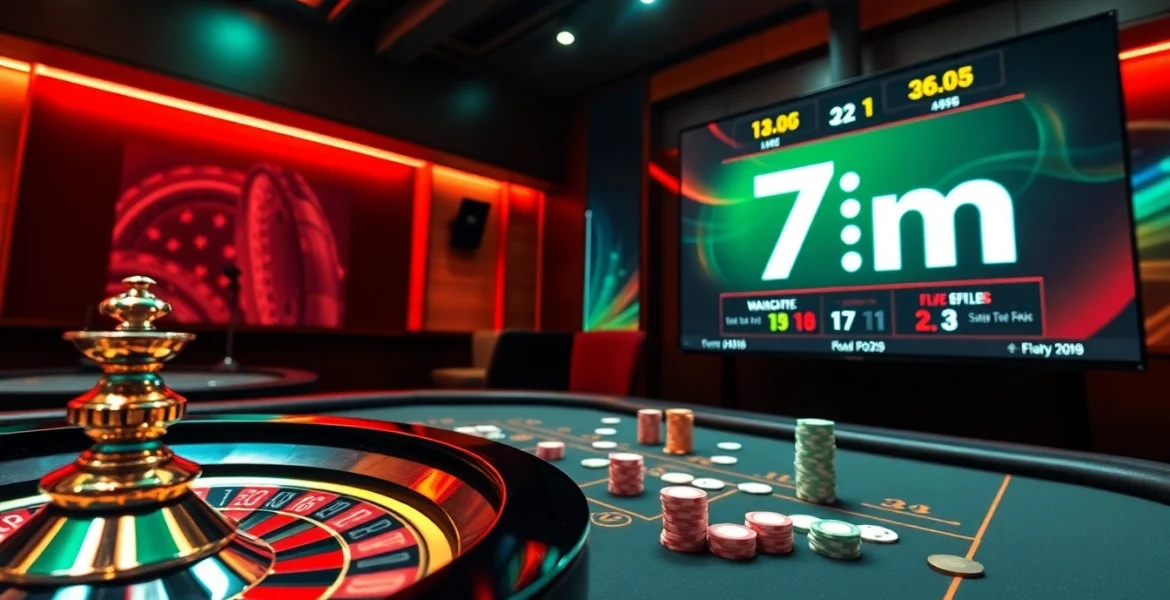 Experience the excitement of 7m with dynamic online casino gaming visuals featuring roulette and poker elements.