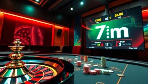 Experience the excitement of 7m with dynamic online casino gaming visuals featuring roulette and poker elements.