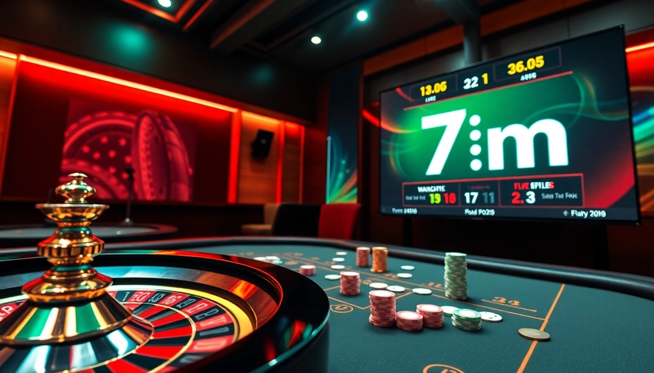 Experience the excitement of 7m with dynamic online casino gaming visuals featuring roulette and poker elements.