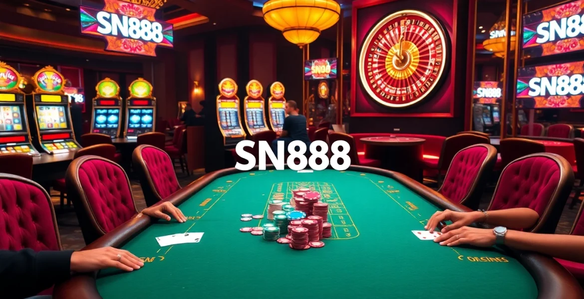 Engage in thrilling poker gameplay at a luxurious casino table featuring SN888 betting options.