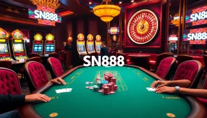Engage in thrilling poker gameplay at a luxurious casino table featuring SN888 betting options.